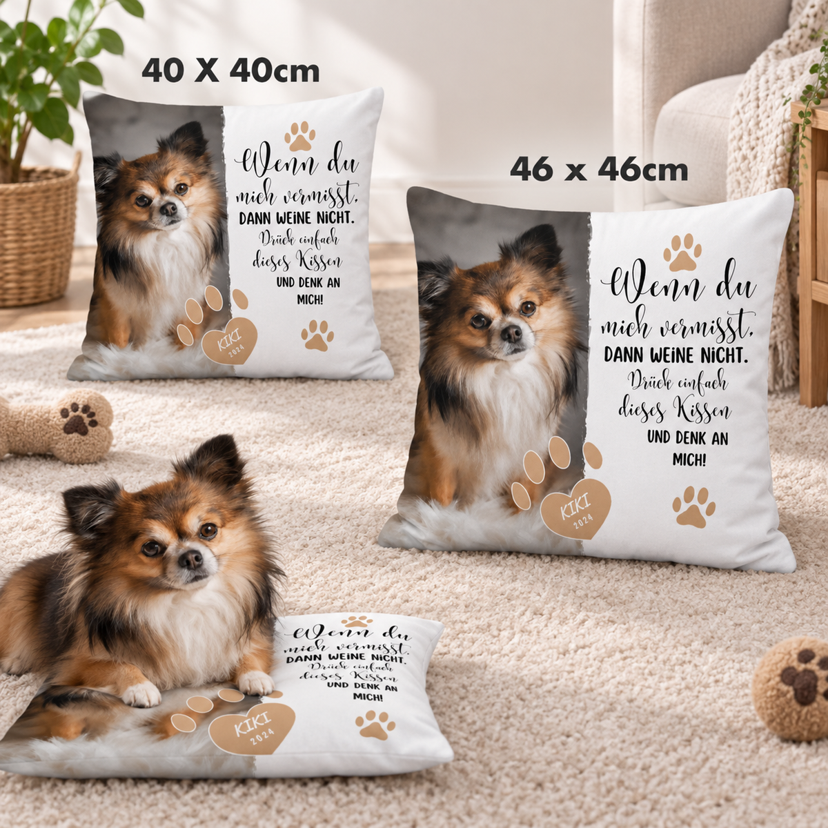 Cojines personalizados en dos tamaños con motivo de perro y texto sobre tela clara.