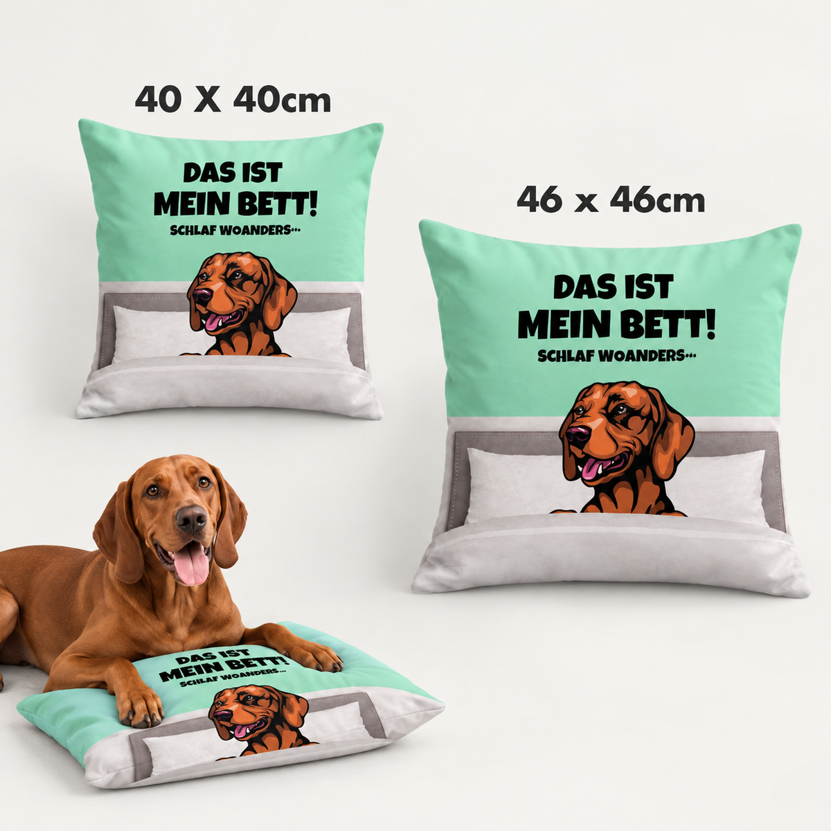 Cojín verde menta personalizado con motivo de perro y texto, disponible en 40x40 cm y 46x46 cm.