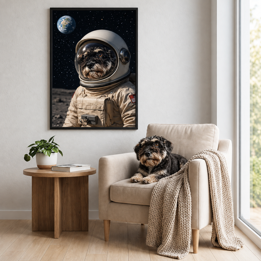 Póster personalizado de astronauta con perro en una habitación; se ven un sofá marrón, plantas y una manta.