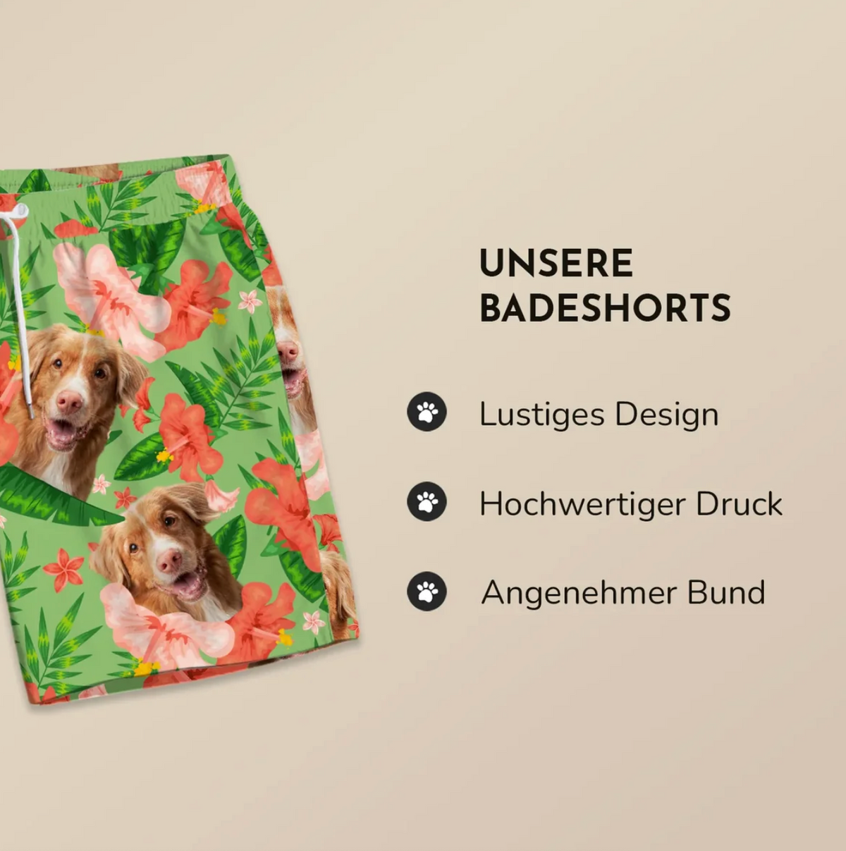 Bañador personalizado con colorido motivo floral y foto de perro, fondo verde y cintura elástica.