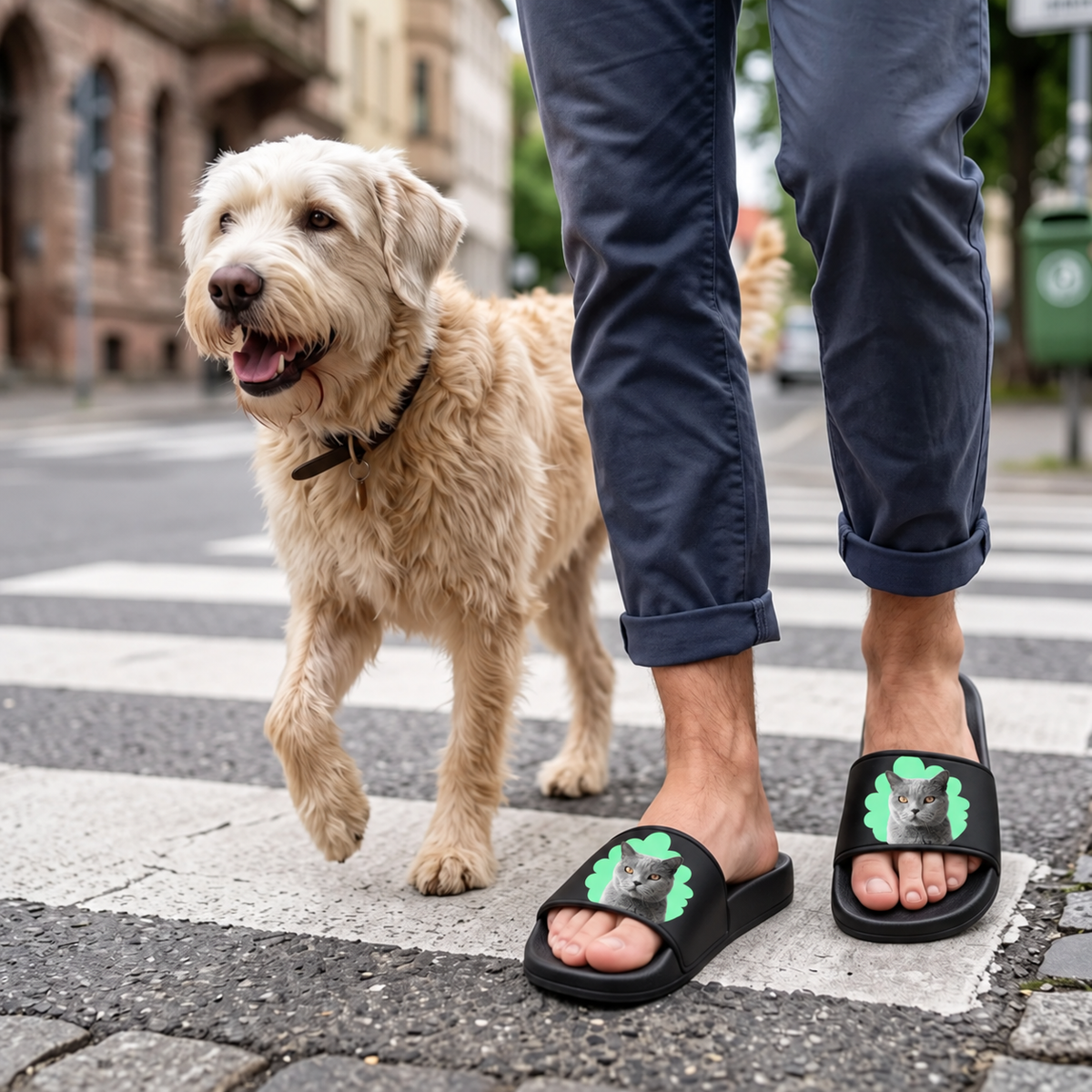 Chanclas negras con retrato de gato verde, la persona con un perro en un paso de peatones.