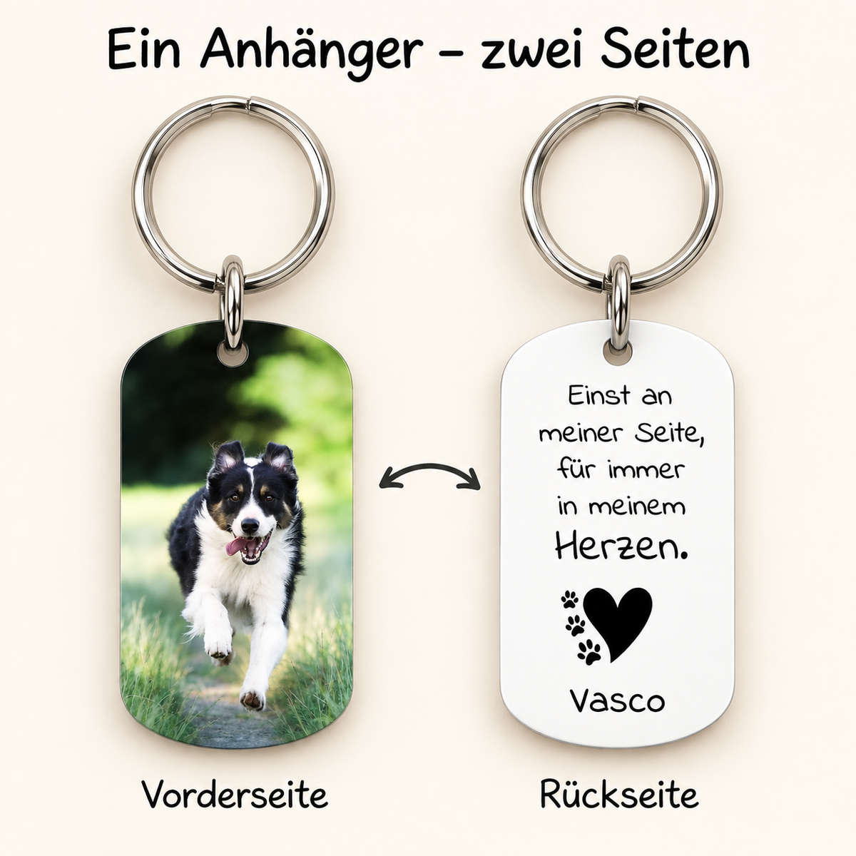 Llavero personalizado con foto de un perro delante y texto detrás.