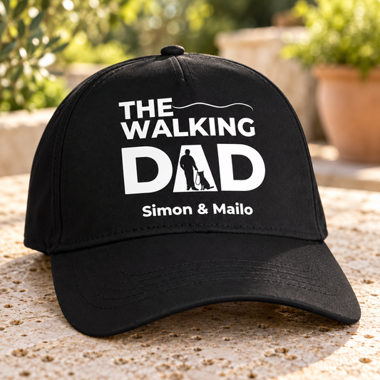 Gorra de béisbol negra con estampado “THE WALKING DAD” y nombres personalizados Simon & Mailo.