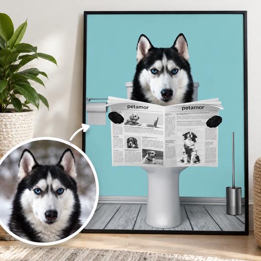 Ilustración personalizada de un husky sentado en el váter leyendo el periódico. Fondo azul claro.