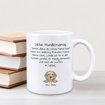 Taza personalizada para mamás perrunas con texto cariñoso y motivo de perro, cerámica blanca.