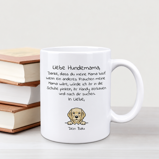 Taza personalizada para mamás perrunas con texto cariñoso y motivo de perro, cerámica blanca.