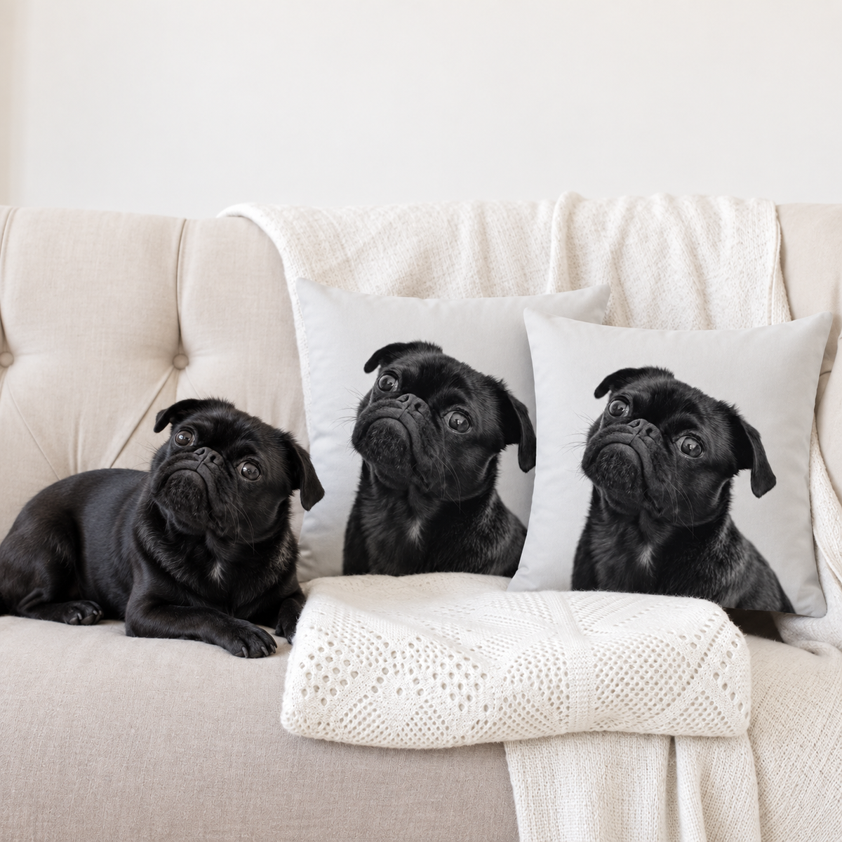 Dos cojines personalizados con impresión en blanco y negro de un carlino, junto a un carlino en un sofá.