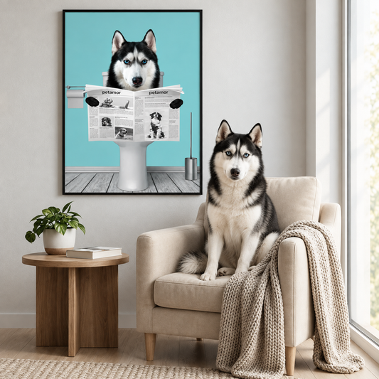 Póster de un perro leyendo el periódico sobre fondo azul claro. Perro sentado en un sillón beige con una manta.