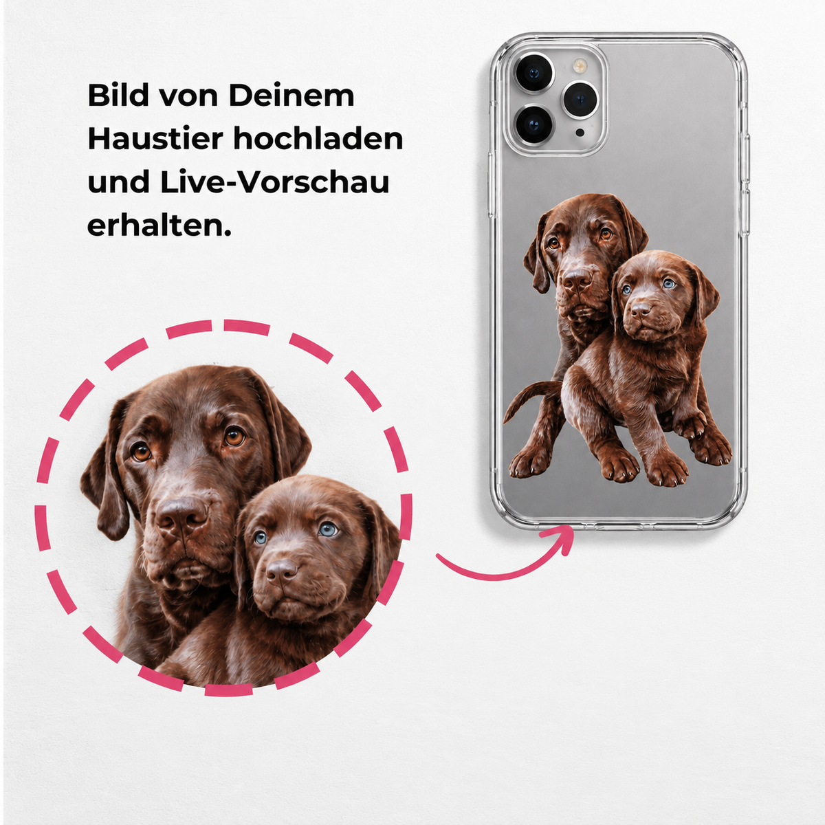Funda de móvil transparente con dos cachorros de labrador marrones.