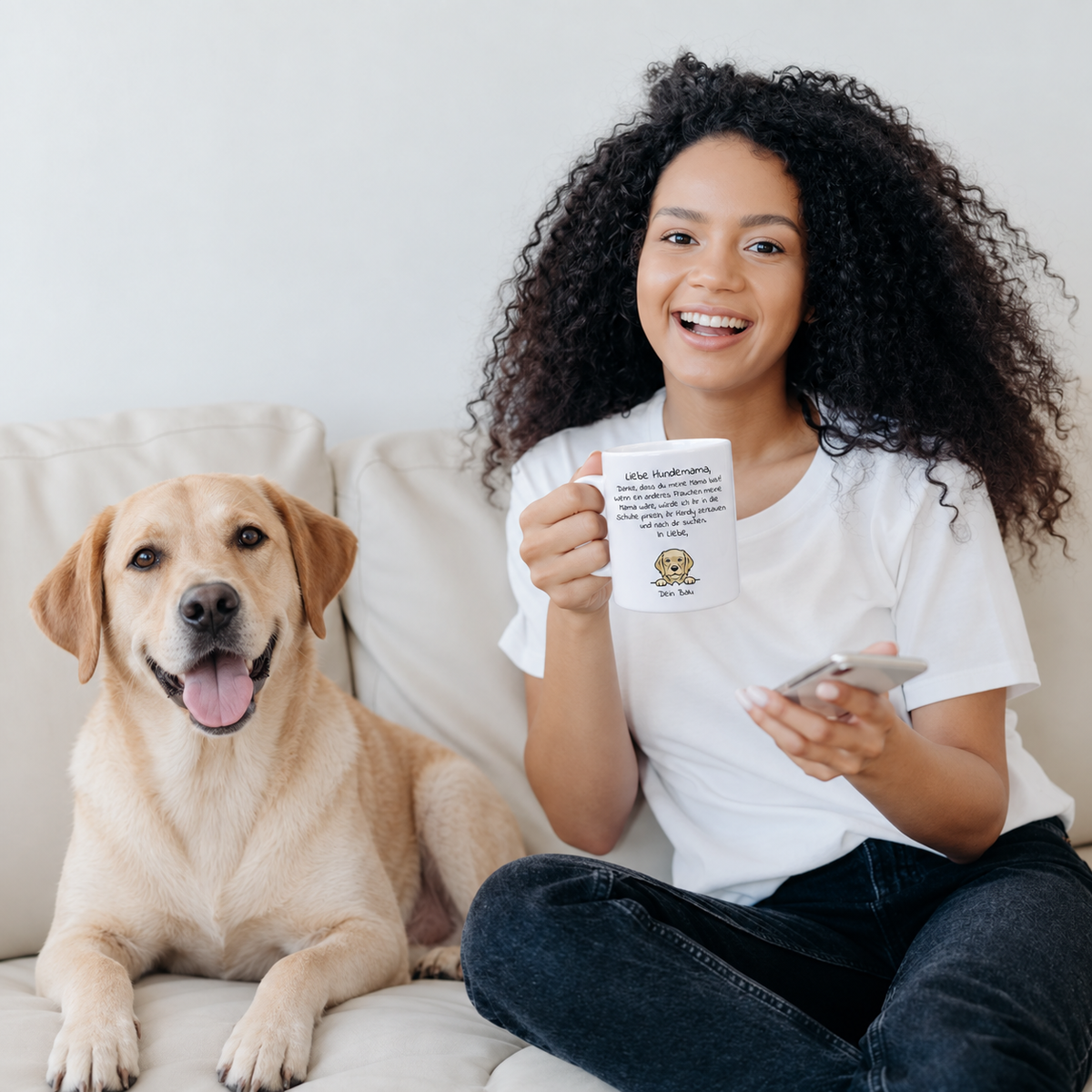 Persona con pelo castaño rizado sosteniendo una taza blanca con motivo de perro, junto a un labrador en el sofá.