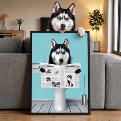 Póster personalizado de un perro sentado en el váter leyendo el periódico. Marco negro.