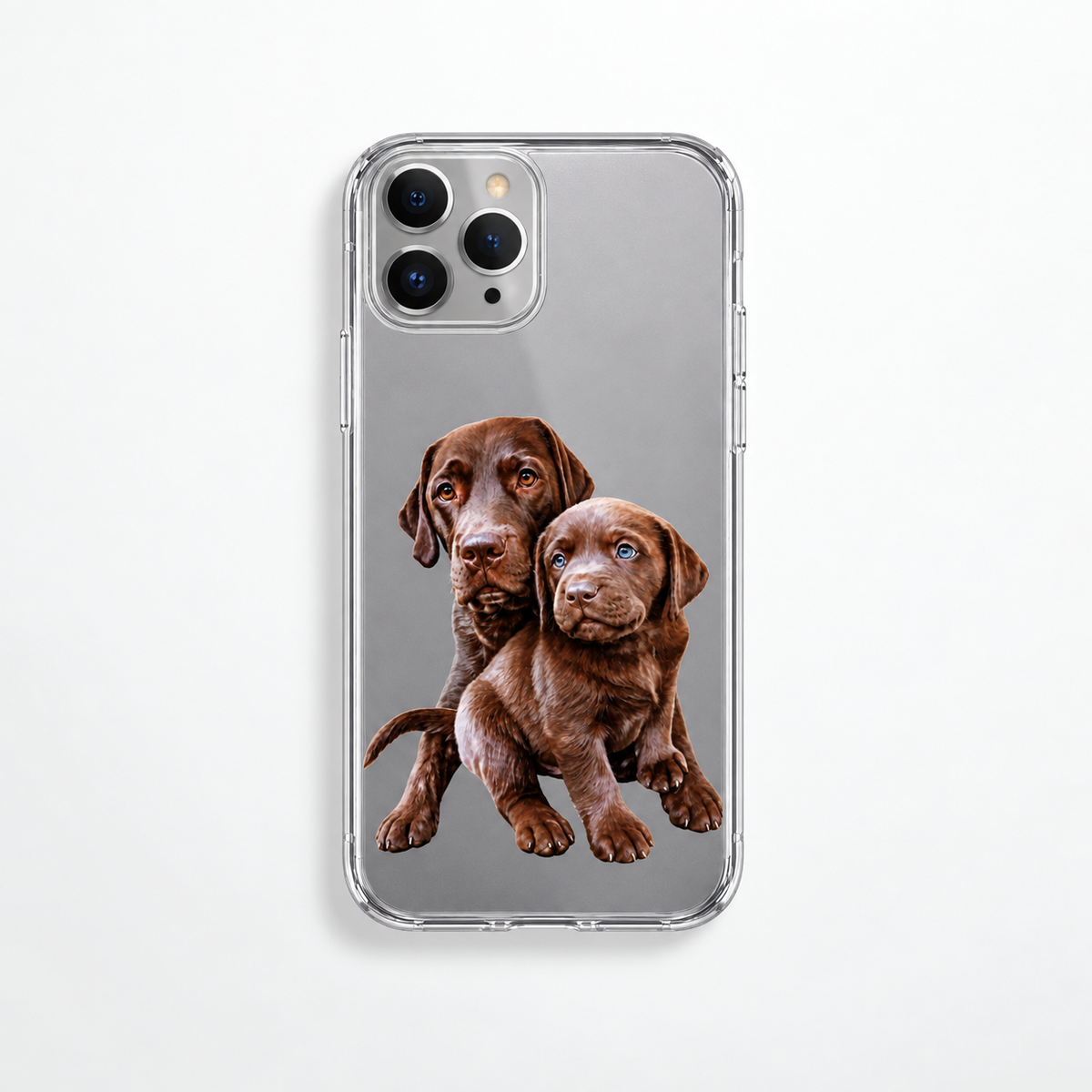 Funda de móvil de plástico transparente con el motivo de dos perros marrones.