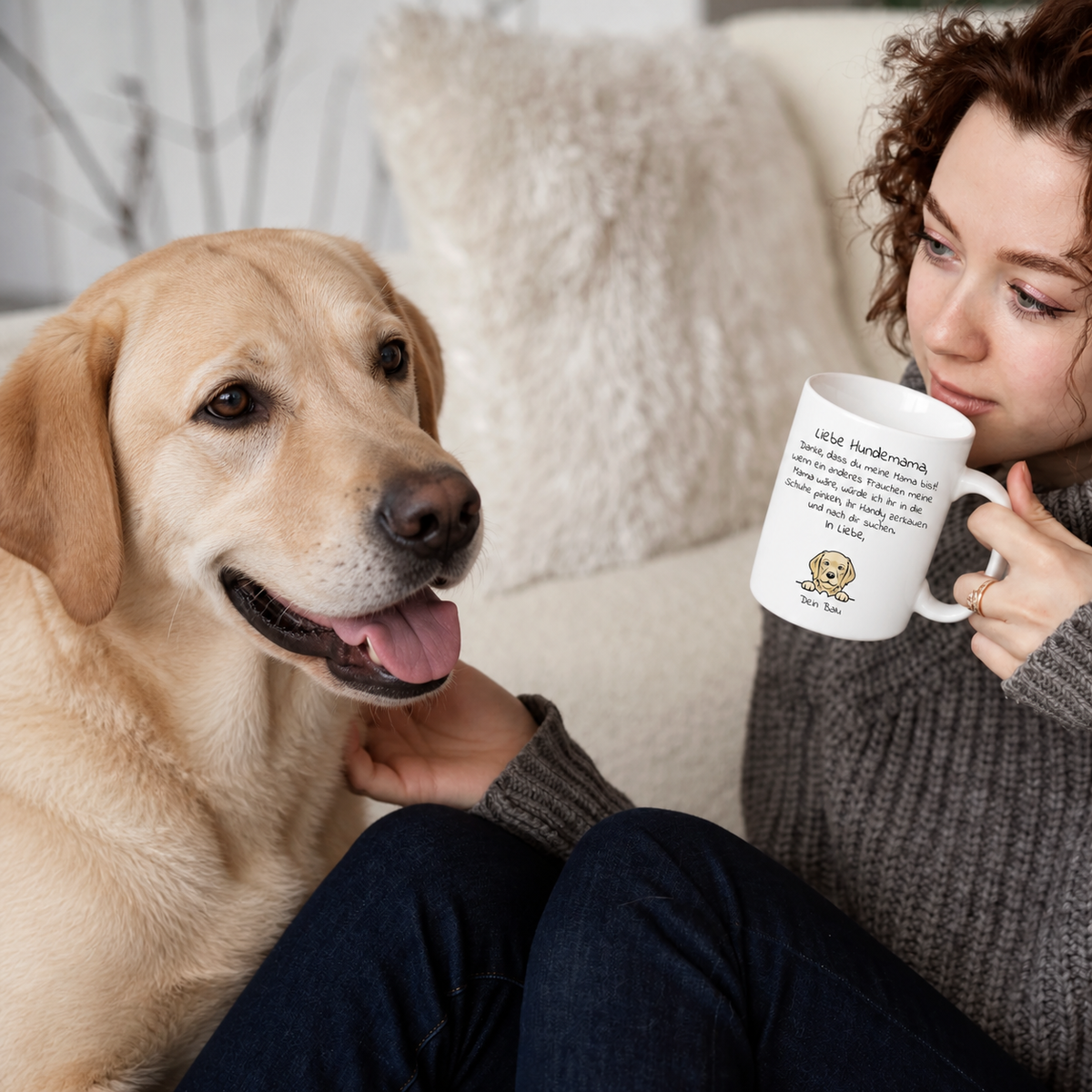 Persona con una taza con el texto "Liebe Hundemama" y un labrador retriever en un sofá claro.