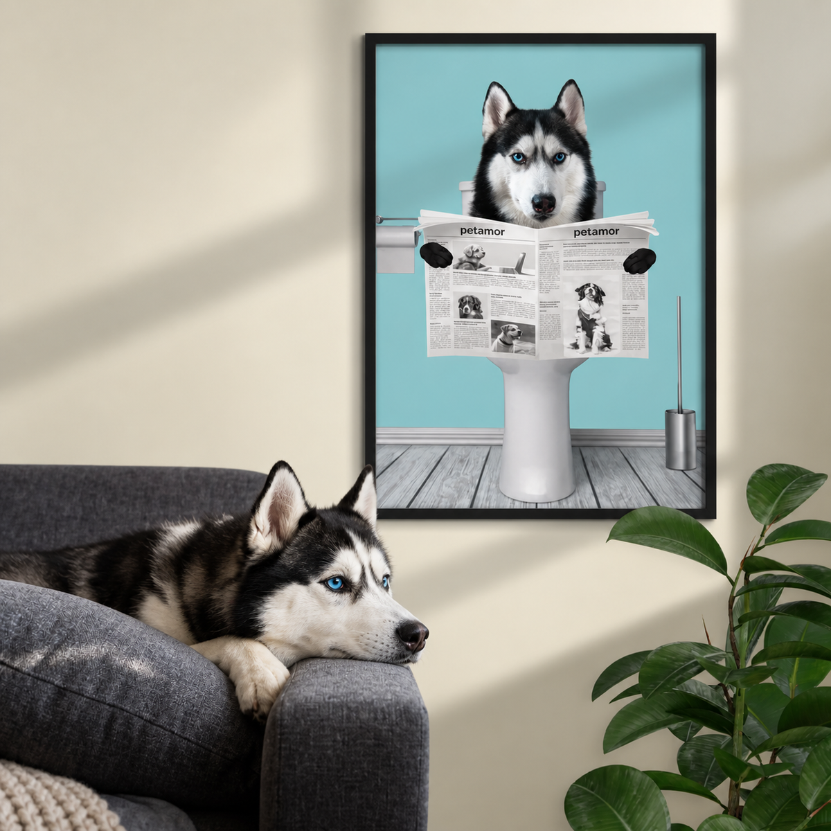 Póster de un husky sentado en el váter leyendo el periódico, sin marco, fondo azul.