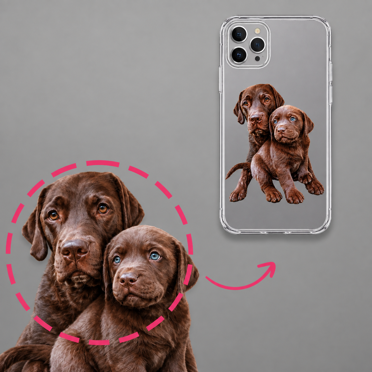 Funda de móvil personalizada con retrato de dos cachorros de labrador marrones sobre fondo transparente.