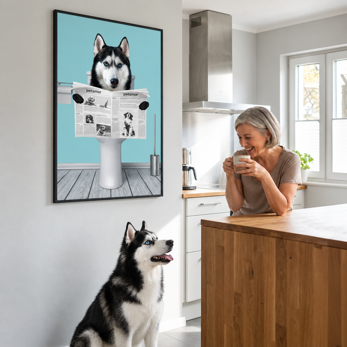 Póster personalizado de un husky leyendo el periódico, en una cocina moderna.