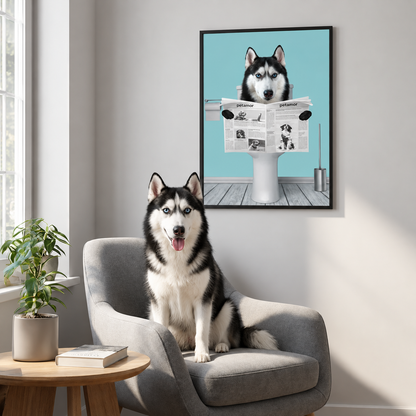Póster colorido de un perro sentado en el váter leyendo el periódico. Diseño sin marco.
