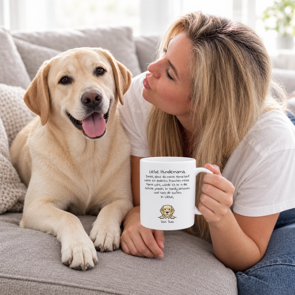 Taza blanca personalizada con motivo de perro y mensaje cariñoso, junto a una mujer rubia y su labrador.