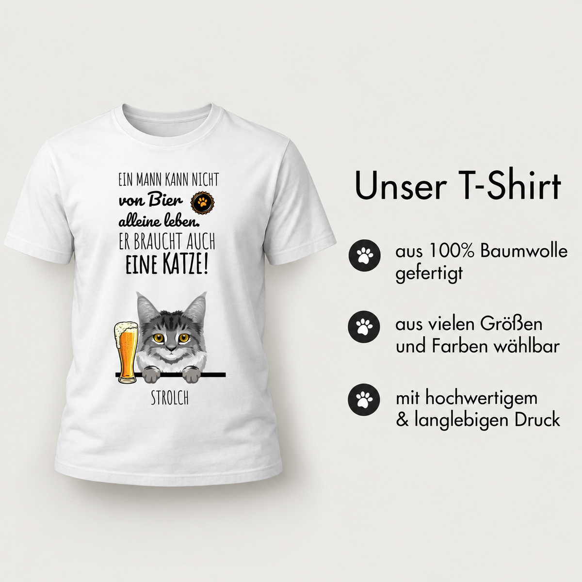 Camiseta blanca 100% algodón con ilustración de un gato y cerveza, además de una frase.