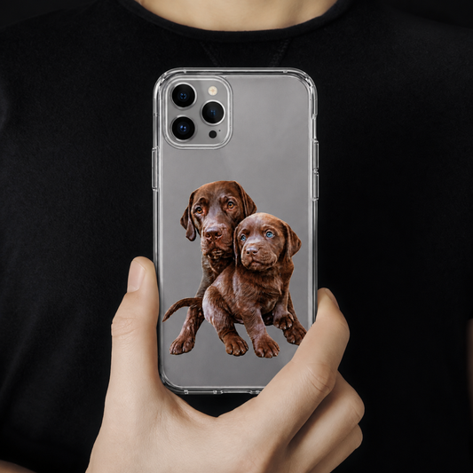 Funda de móvil transparente con un gráfico de dos cachorros marrones.