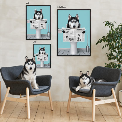 Tres pósters personalizados de un husky leyendo el periódico en marcos negros. Sillas y planta al fondo.