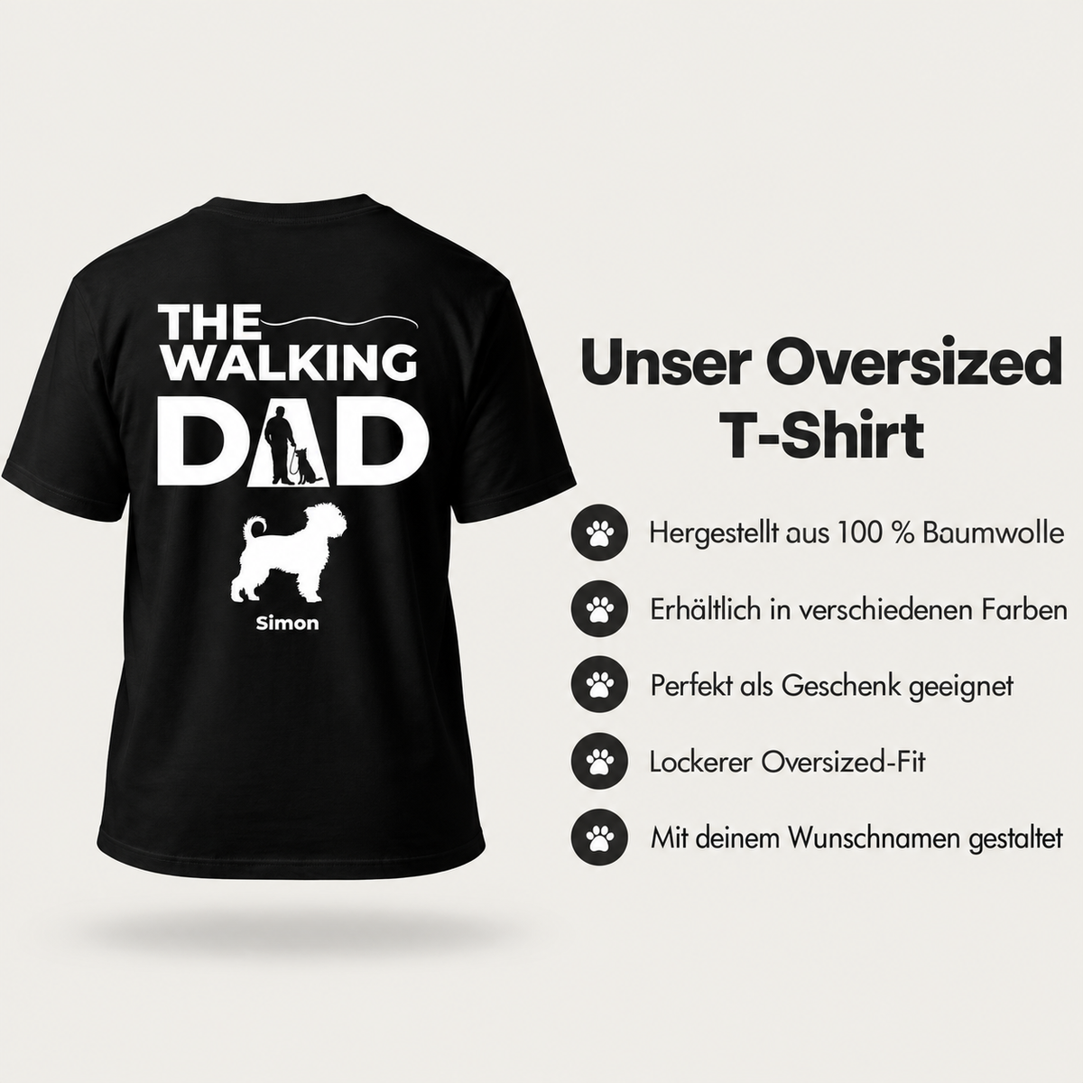 Camiseta oversize negra 100% algodón con el texto "The Walking Dad" y un motivo de perro.