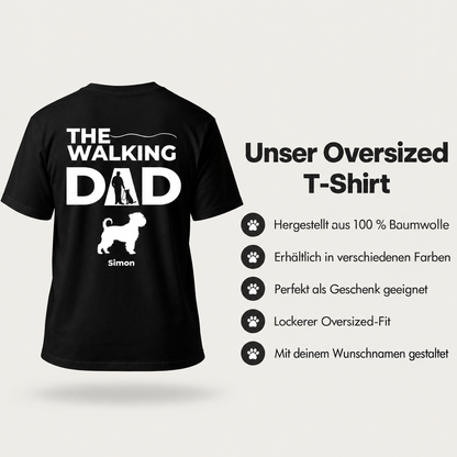 Camiseta oversize negra 100% algodón con el texto "The Walking Dad" y un motivo de perro.