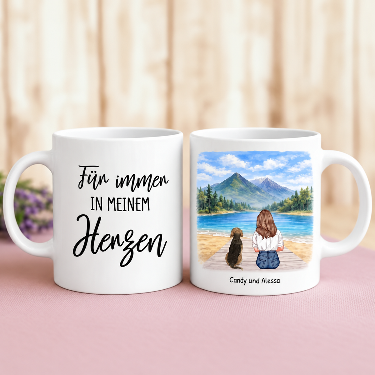 Taza de cerámica blanca personalizada con texto y una mujer con su perro junto al agua.