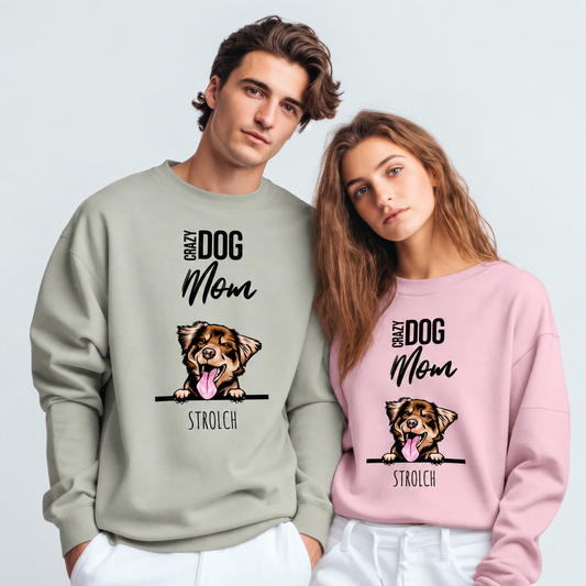 Dos personas con sudaderas personalizadas gris y rosa con retratos de perros y el texto "Crazy Dog Mom".
