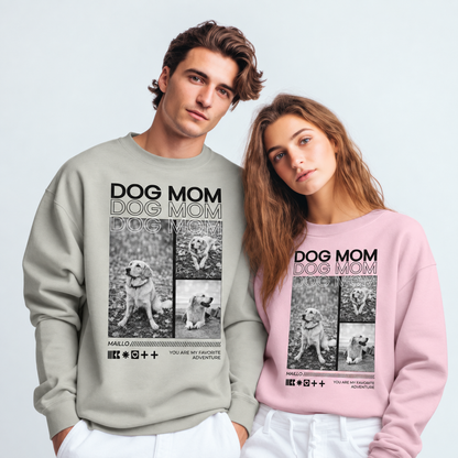 Dos sudaderas personalizadas en gris y rosa con el texto "Dog Mom" y fotos de mascotas.