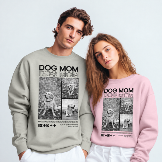 Dos sudaderas personalizadas en gris y rosa con el texto "Dog Mom" y fotos de mascotas.