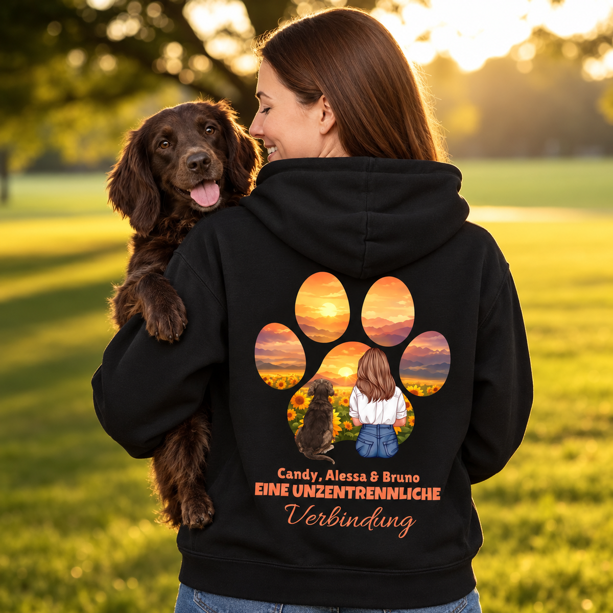 Sudadera con capucha negra con colorido motivo de huella y texto personalizado en la espalda.