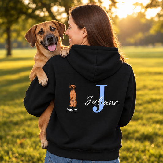 Sudadera con capucha negra personalizada con motivo de perro e inicial "J" de Juliane.