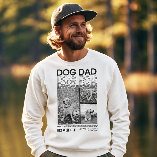 Sudadera crema personalizada con el texto negro "DOG DAD" y fotos de perros.