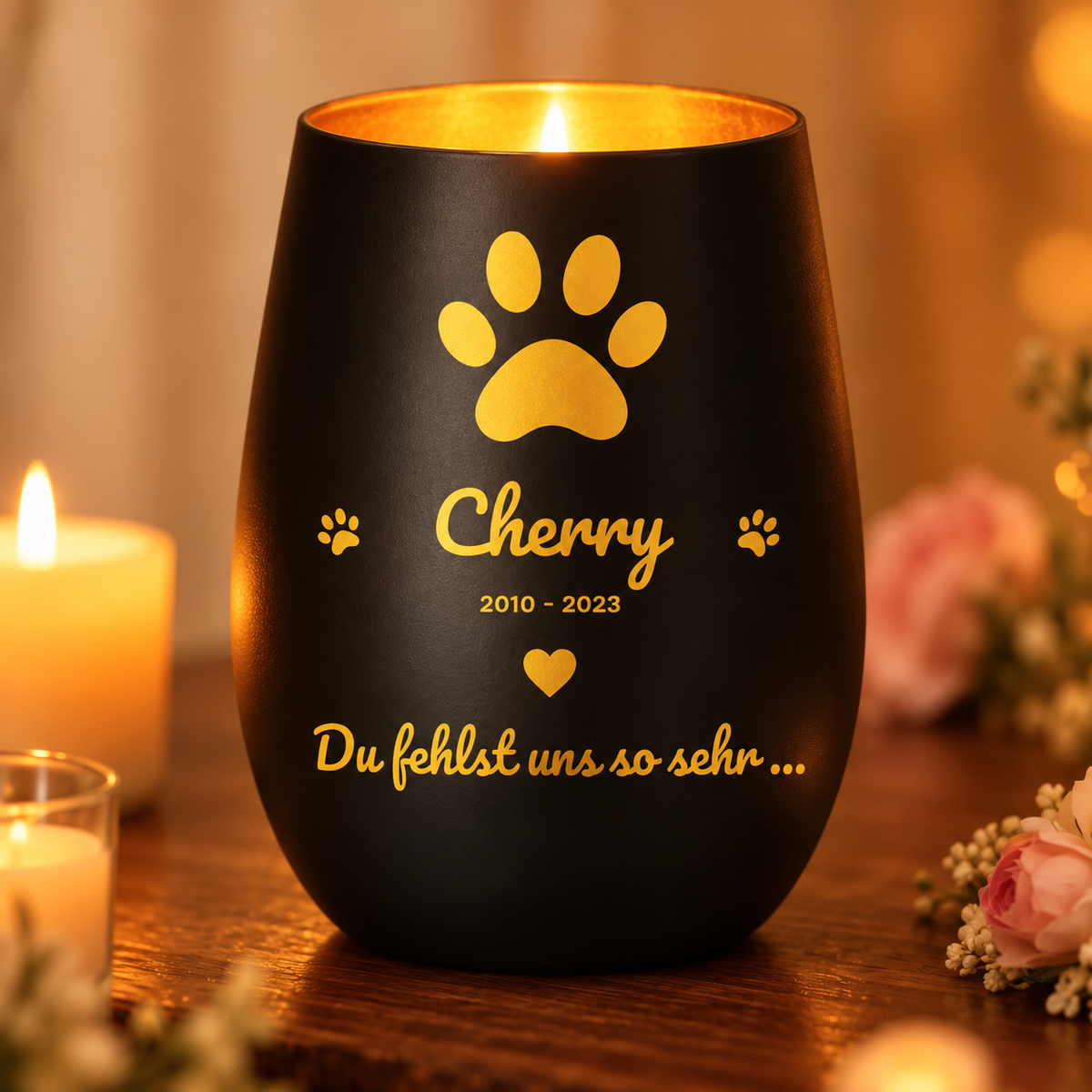Luz conmemorativa negra personalizada con letras doradas y huellas.