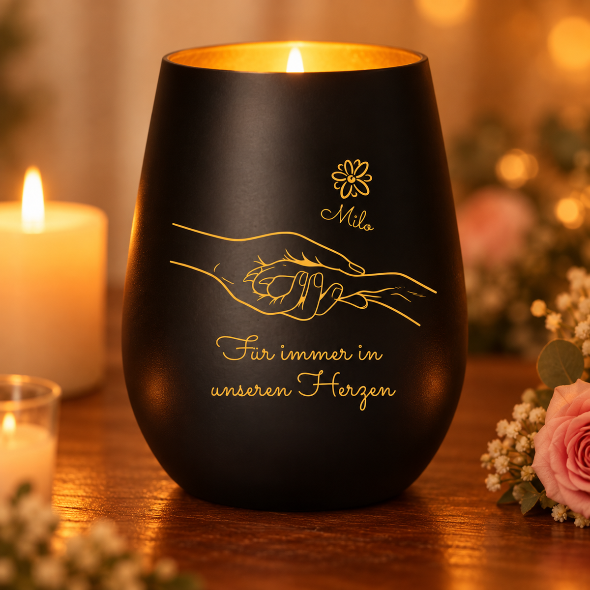 Luz conmemorativa negra con grabado dorado, personalizada con nombre y texto. Ideal para recordar a un perro.
