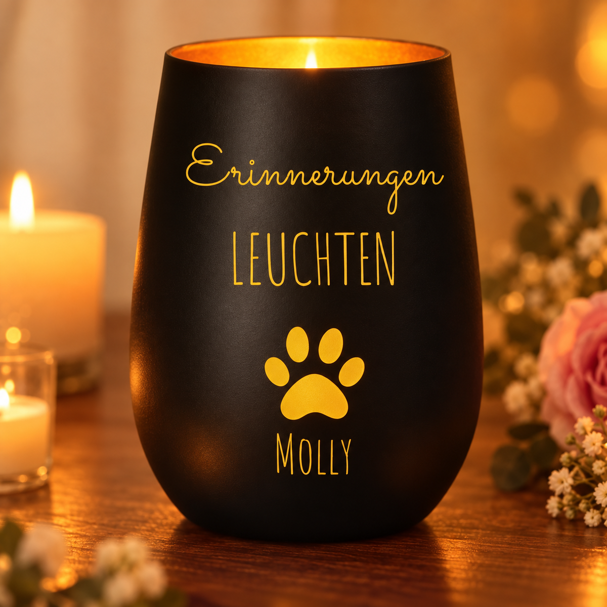 Luz conmemorativa negra personalizada con letras amarillas y huella, brilla suavemente.