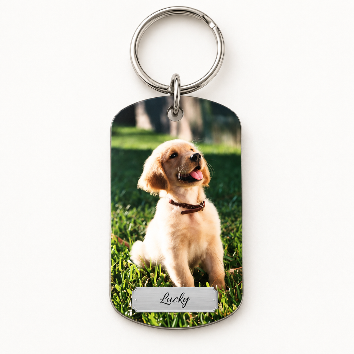Llavero personalizado con foto de un perro y nombre grabado sobre superficie plateada.