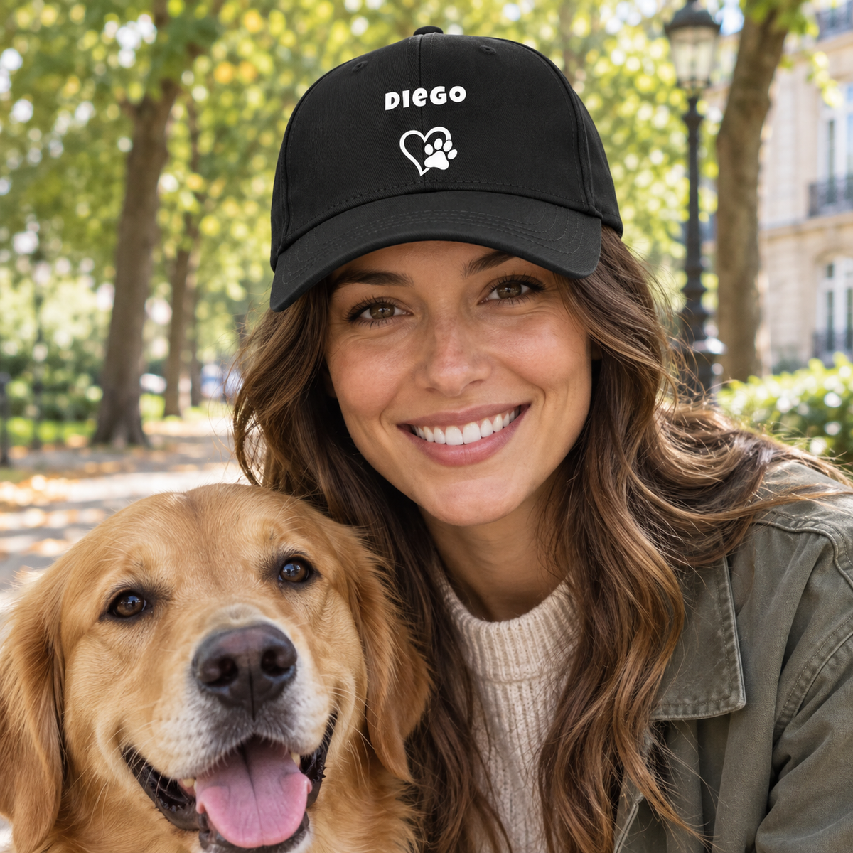 Gorra negra con el nombre “Diego”, corazón y huella, llevada por una mujer sonriente con un golden retriever.