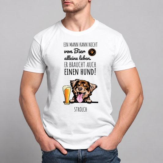 Camiseta blanca con divertido estampado de un perro y cerveza, texto sobre la unión entre cerveza y perro.