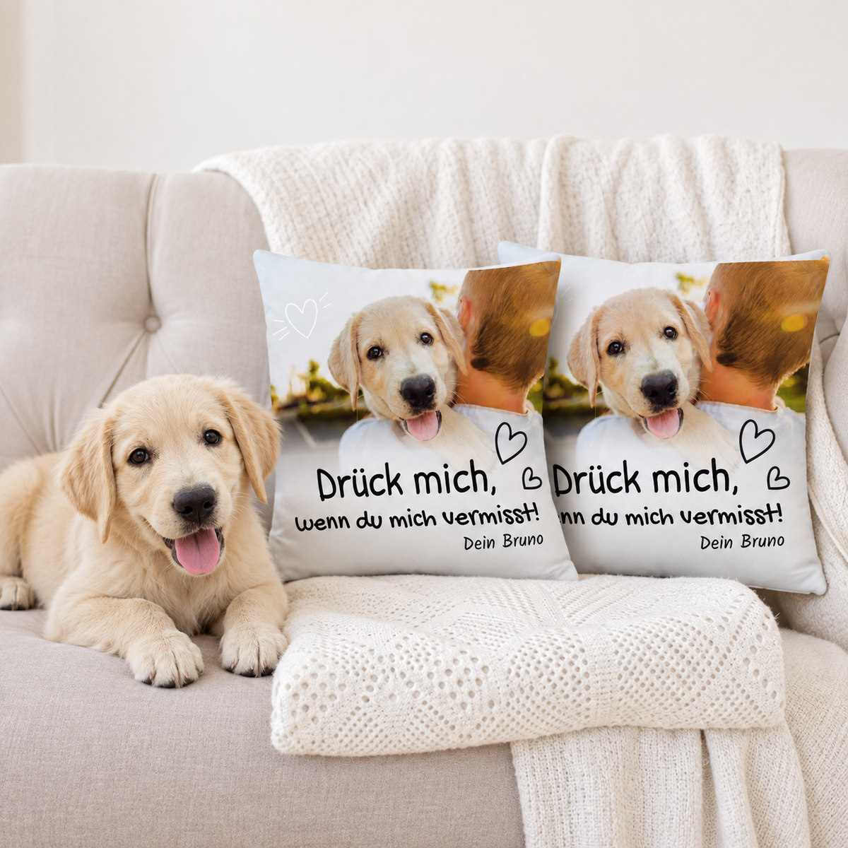 Dos cojines personalizados con texto impreso y foto de perro, sobre un sofá claro.