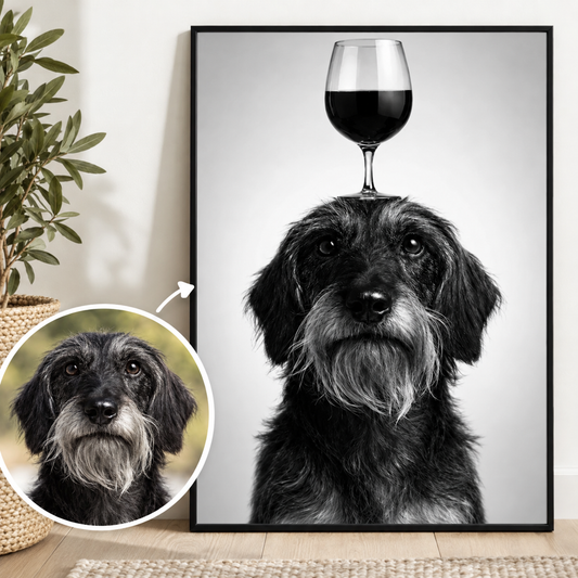 Póster en blanco y negro de un perro con una copa de vino en la cabeza, en un marco moderno.