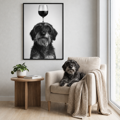 Póster enmarcado en blanco y negro de un perro con una copa de vino en la cabeza. Perro sentado en un sillón beige en una sala moderna.