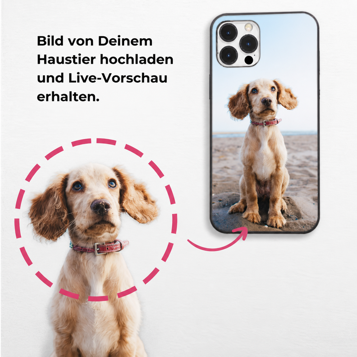 Funda de móvil personalizada con foto de un cocker spaniel en la playa. Funda de material negro.