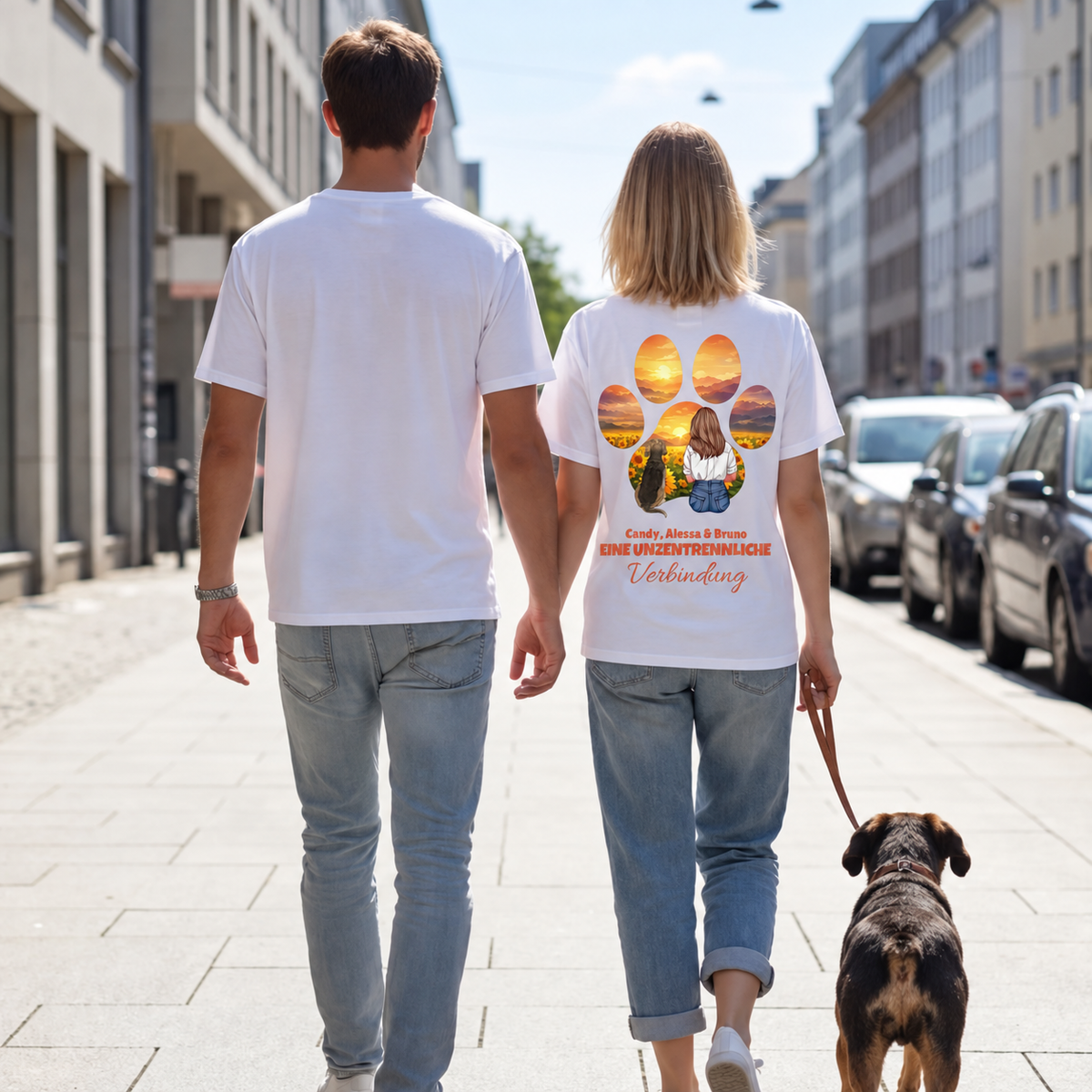 Dos personas con camisetas blancas, de la mano, paseando un perro. Detrás se ven edificios de la ciudad.