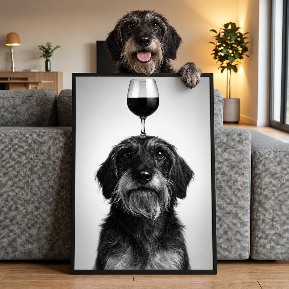 Decoración de pared personalizada con retrato de perro y una copa de vino en la cabeza.