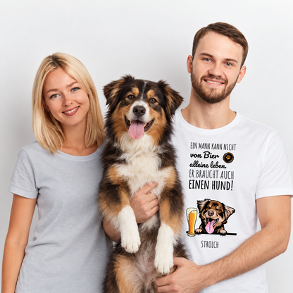 Camiseta blanca personalizada con el texto "Ein Mann kann nicht von Bier allein leben...", un perro y un vaso de cerveza.
