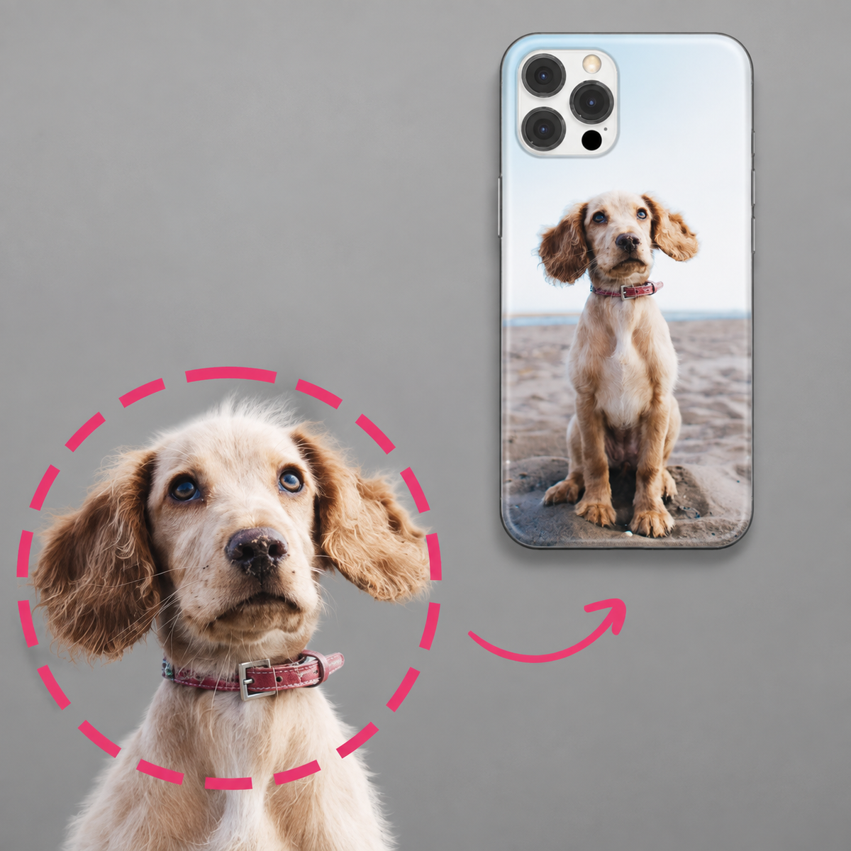 Funda de móvil personalizada con foto de un perro, en un smartphone.