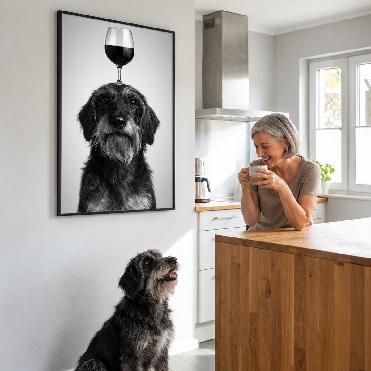 Decoración de pared personalizada con foto de perro y copa de vino, mujer con una taza en una cocina moderna.