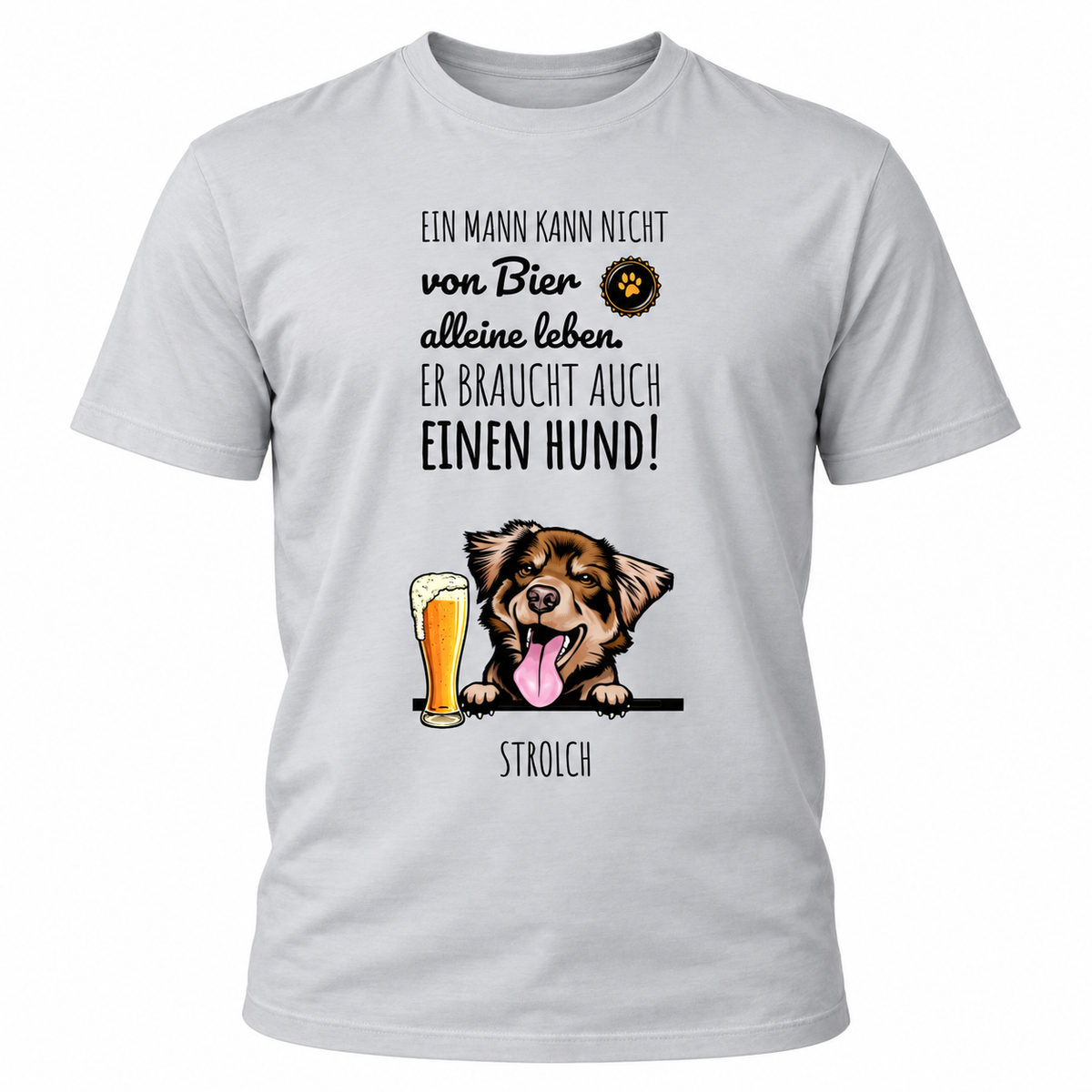 Camiseta gris personalizada con motivo de perro y vaso de cerveza, estampado ingenioso y divertido.